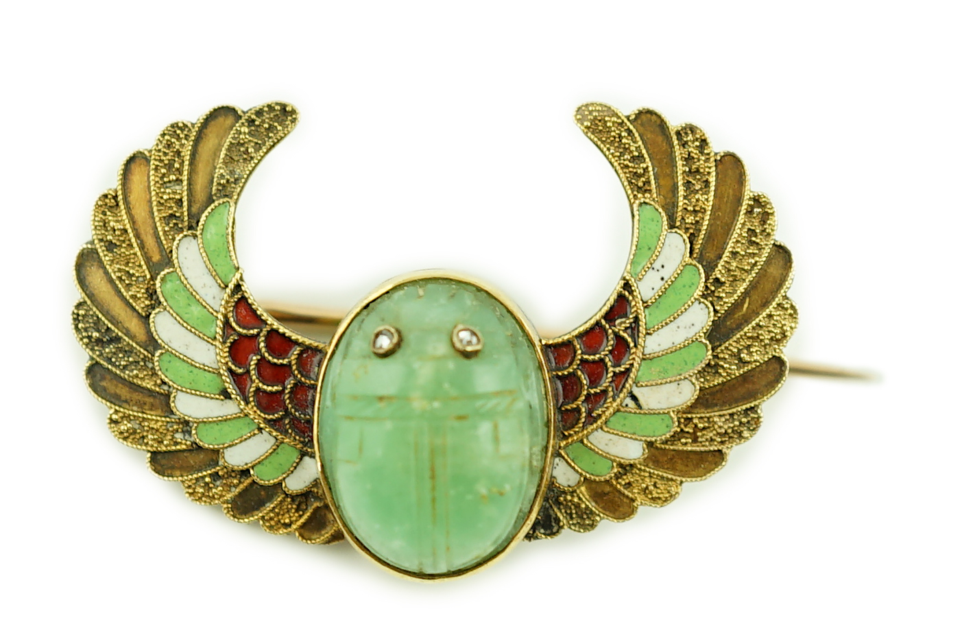 An early 20th century Carl Bacher Viennese Egyptian Revival gold (tests as 14k), diamond and three colour enamel set winged green hardstone scarab brooch, 31mm
